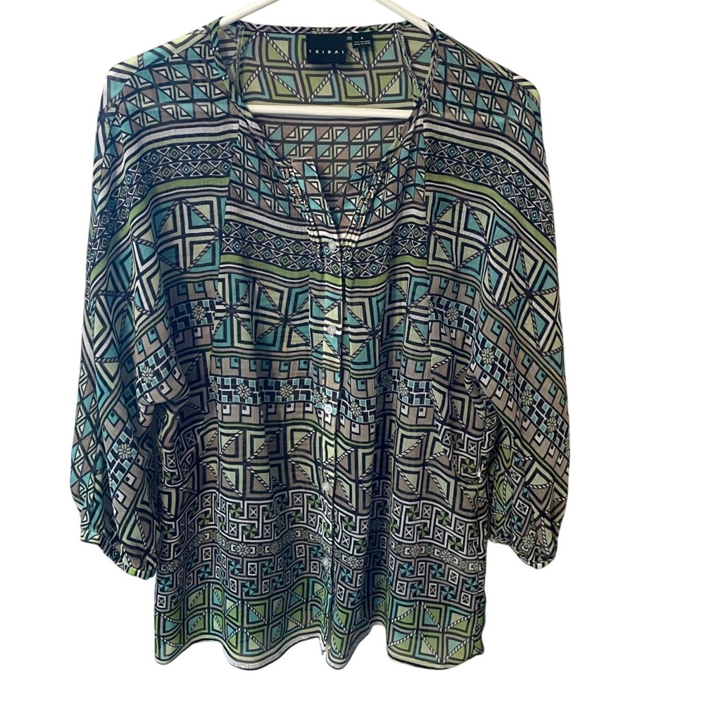 Tribal Womens Green Geometric Print Button Front 3/4 Sleeve Blouse Sz 8 Tribal